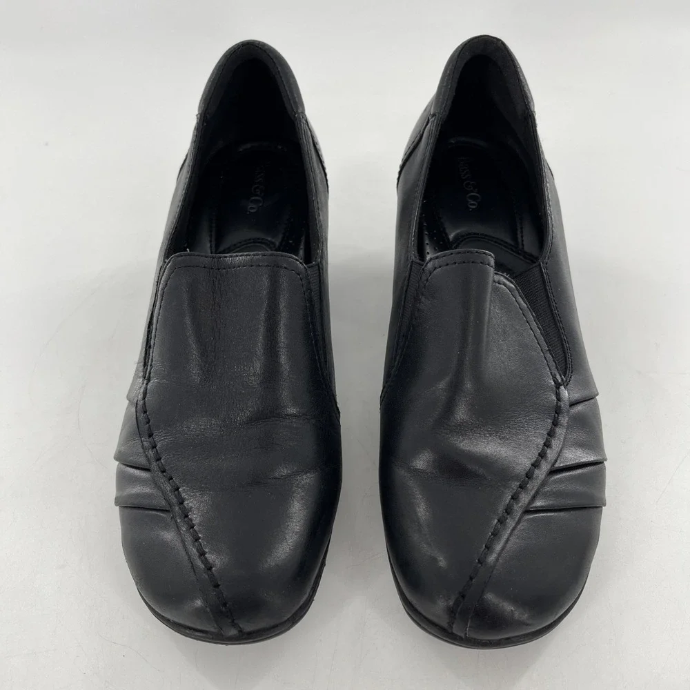 G H Bass & Co Leather Pump Low Chunky Heel Womens 9 M Black Kitten Ruched Tenley
